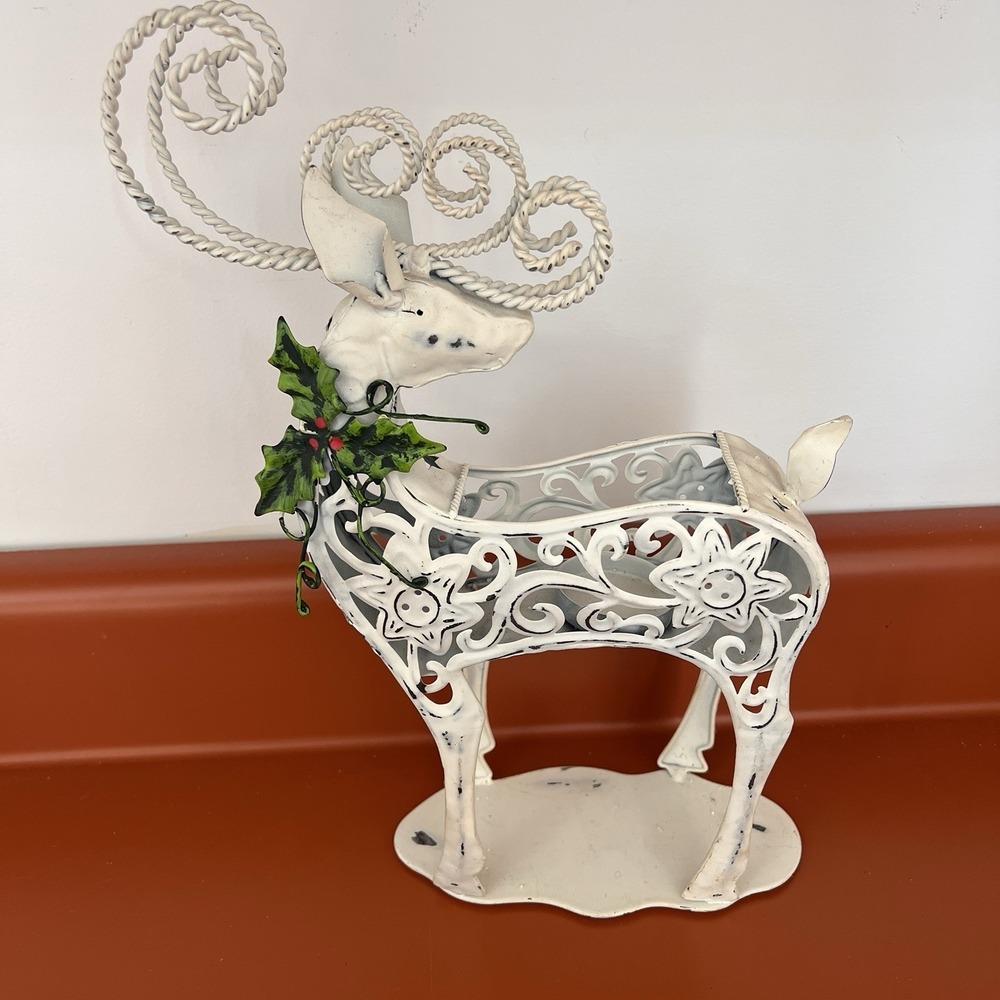 Christmas decorative white metal reindeer figurine Tea Light 13" Tall Elegant